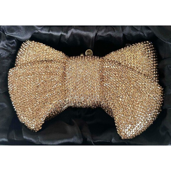Gold Embellished Crystal Studded Bow Shaped Clutch Purse Luxury Cocktail - Picture 6 of 7